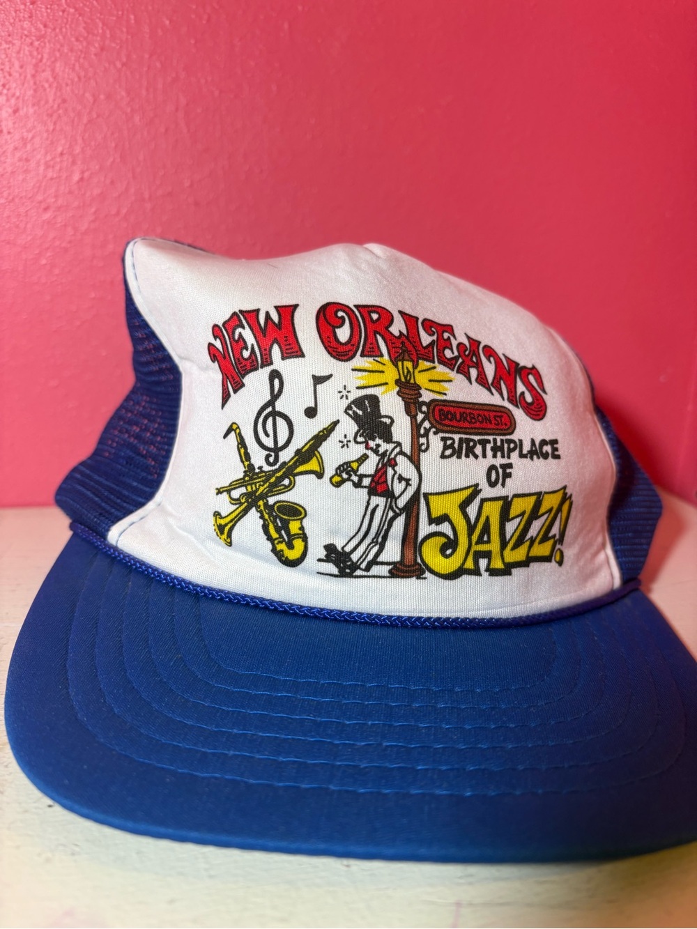 J Hats VINTAGE New Orleans Birthplace of Jazz Trucker Hat GUC White Blue Bourbon - Picture 2 of 8